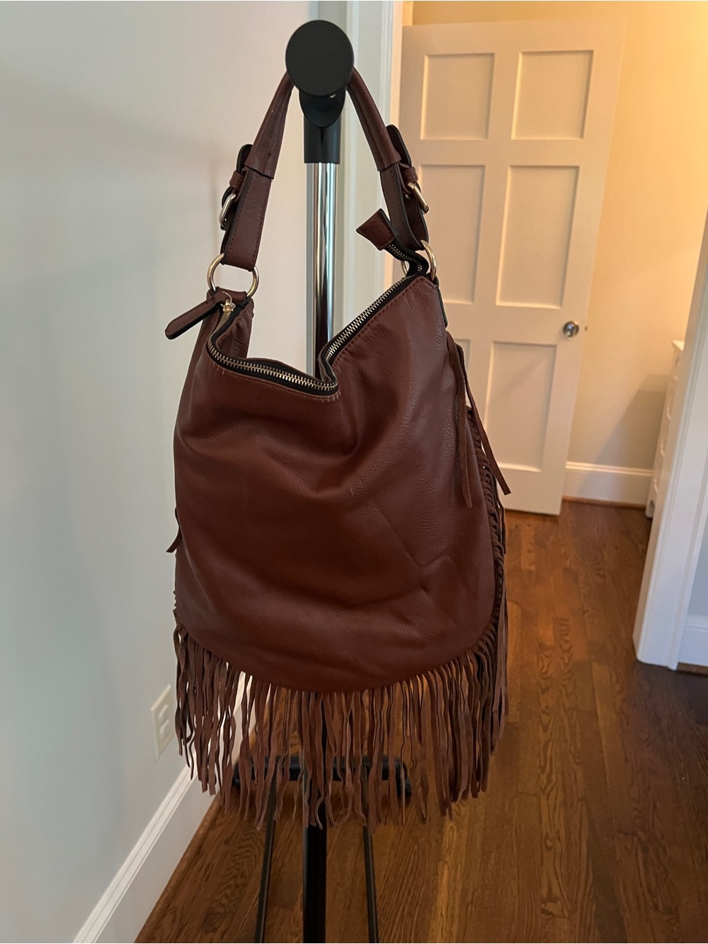 Fringe Hobo Shoulder Bag in Brown